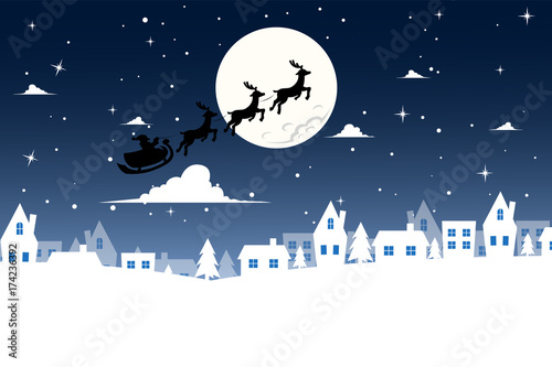 Blue background of santa claus flying over the city