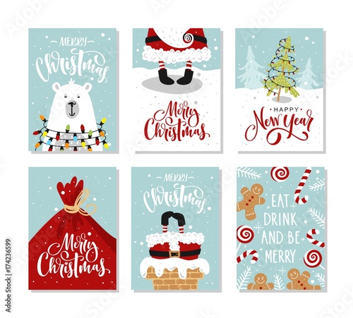 Christmas gift cards or tags with lettering. Hand drawn design elements.