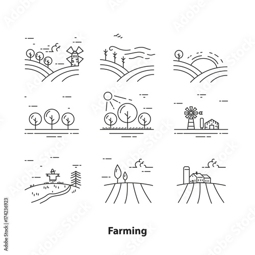 Farm landscape icons, farming vector concept, thin line style, vector illustration