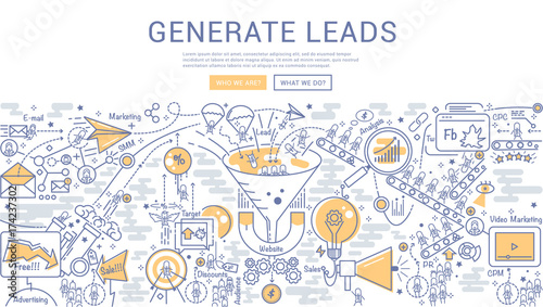 Doodle vector illustration of Lead generation, Sales funnel, marketing process for generating business leads.