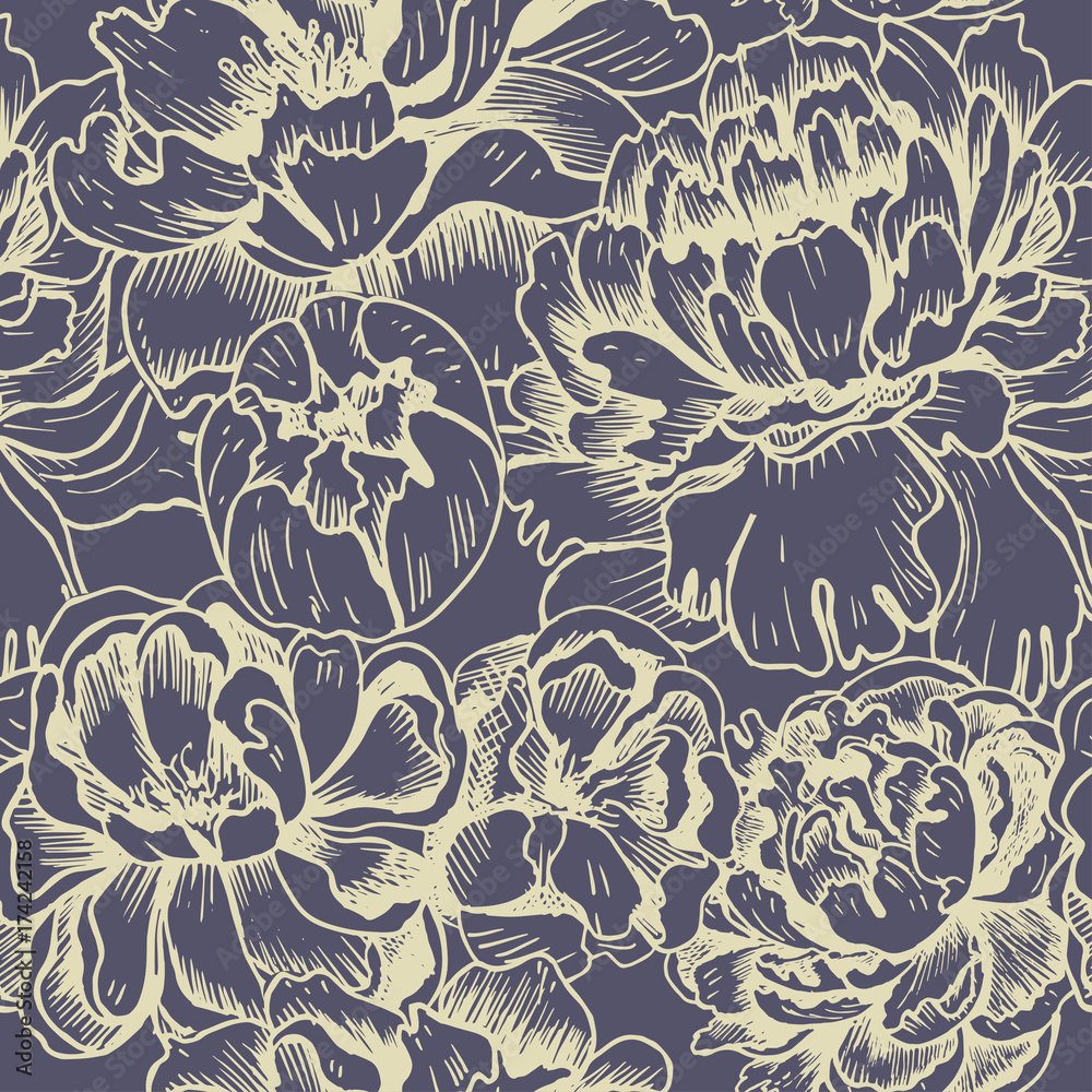 Fototapeta Vector illustration sketch - card with flowers chrysanthemum, peony. Pattern with flowers.