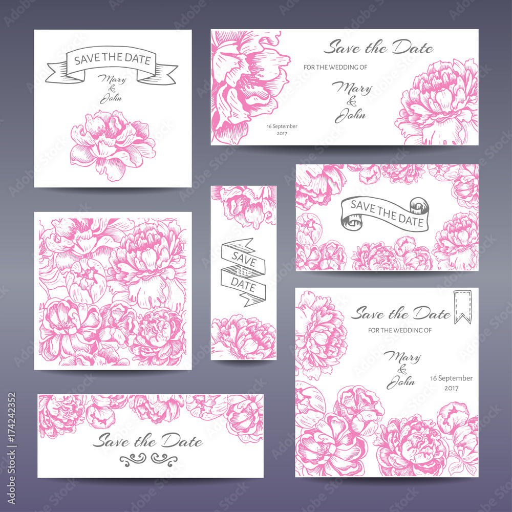 Vector illustration sketch - card with flowers chrysanthemum, peony. Wedding invitation. Summer flowers.