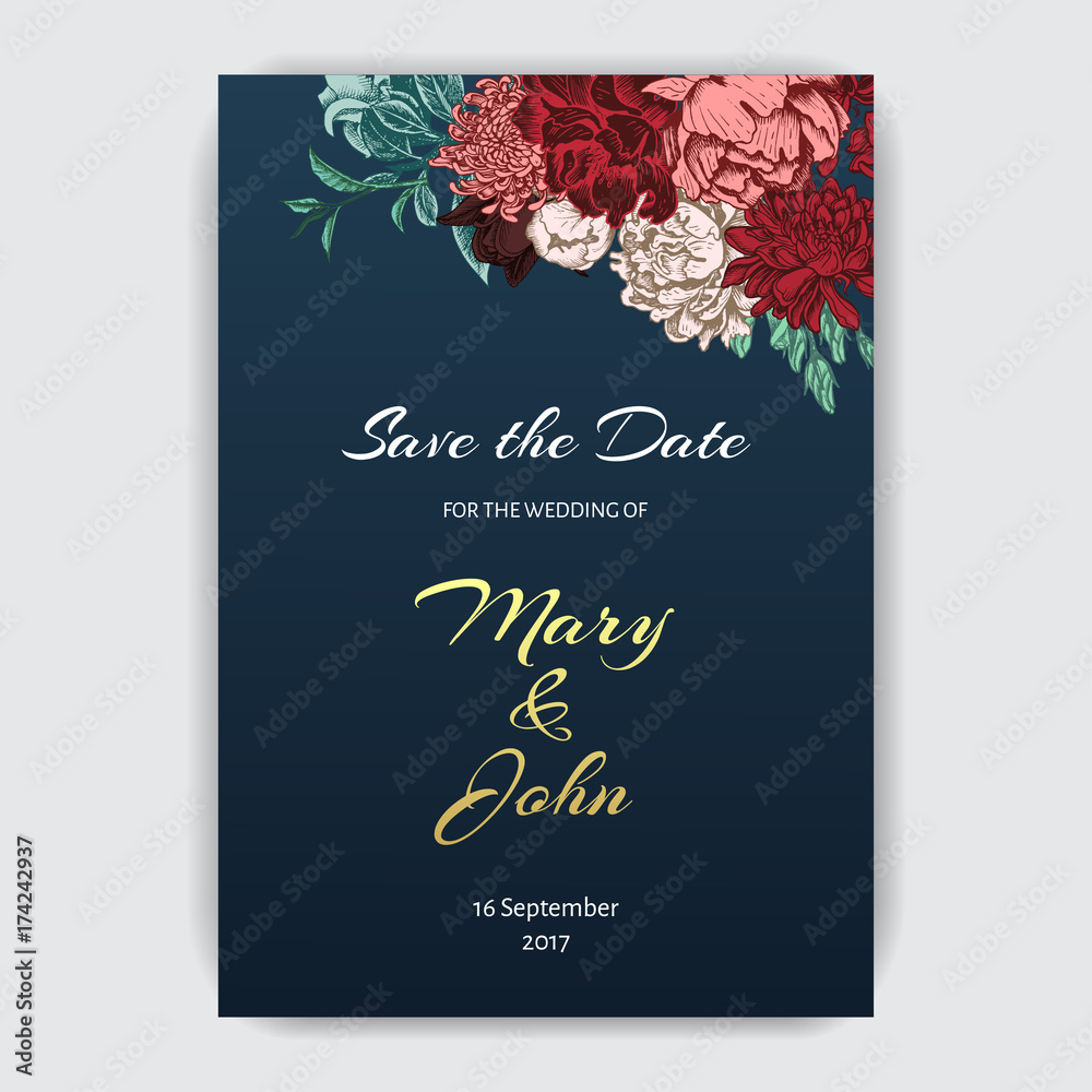 Vector illustration sketch - card with flowers chrysanthemum, peony. Wedding invitation with flower. Dahlias, Ruscus, Viburnum. Vector illustration sketch - card with flowers chrysanthemum, peony. Wedding invitation with flower. Dahlias, Ruscus, Viburnum.