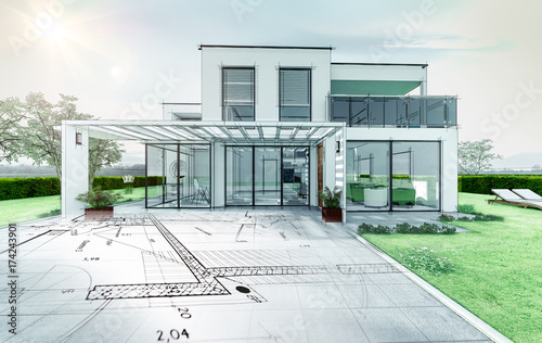 Fototapeta Naklejka Na Ścianę i Meble -  Esquisse d'une maison d'architecte moderne