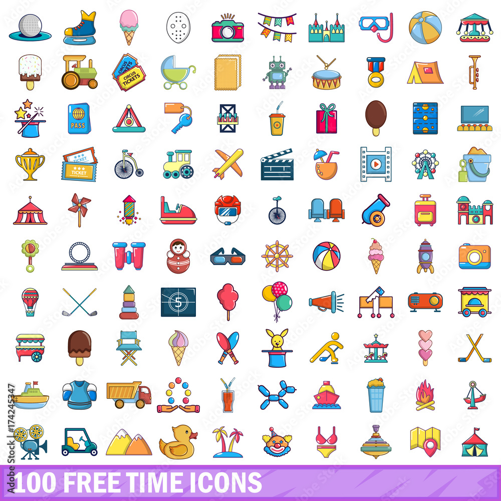 100 free time icons set, cartoon style 100 free time icons set, cartoon style