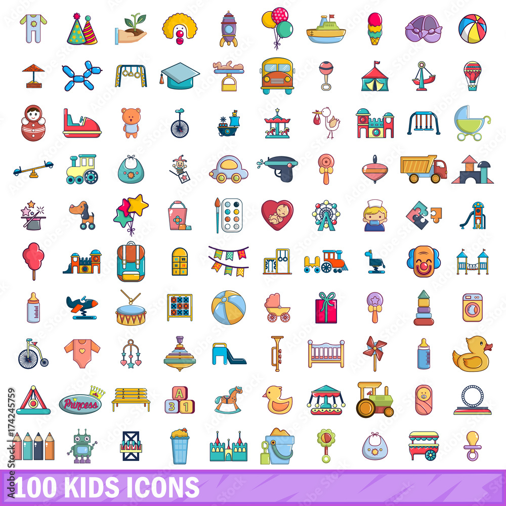 100 kids icons set, cartoon style 100 kids icons set, cartoon style
