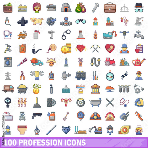 100 profession icons set, cartoon style 