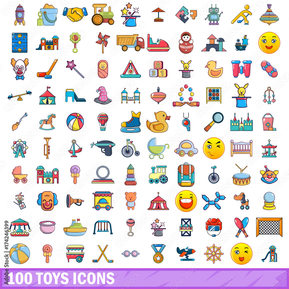 100 toys icons set, cartoon style 