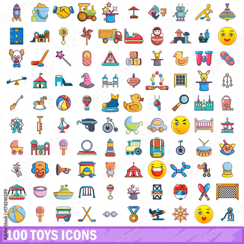100 toys icons set, cartoon style 