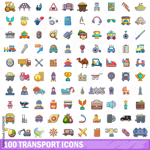 100 transport icons set, cartoon style 