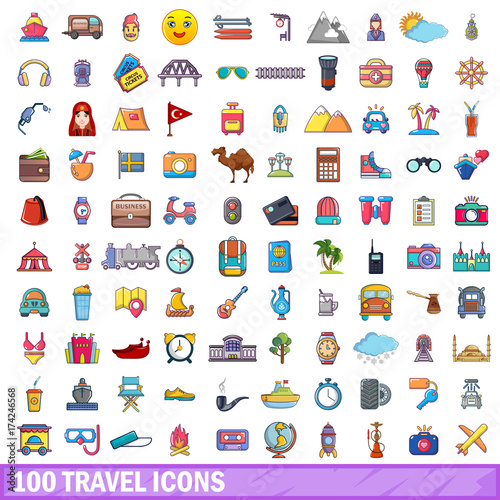100 travel icons set, cartoon style 