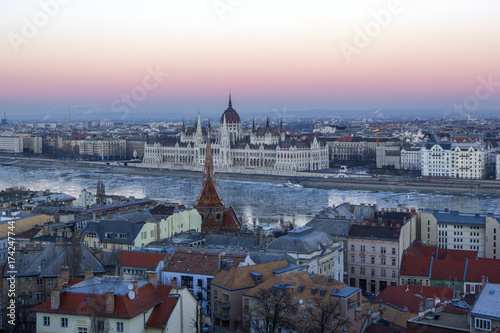 Panoramic overview of Budapest at sunset