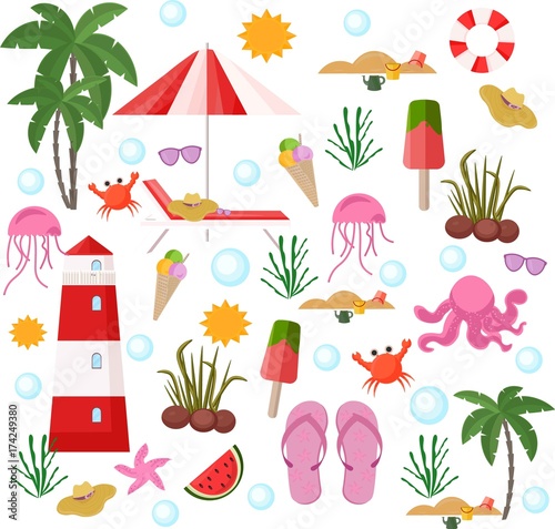Summer set Vector. Beach stuff flat style
