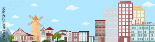 Cityscape view with buildings and mountains nature. Vector banner template