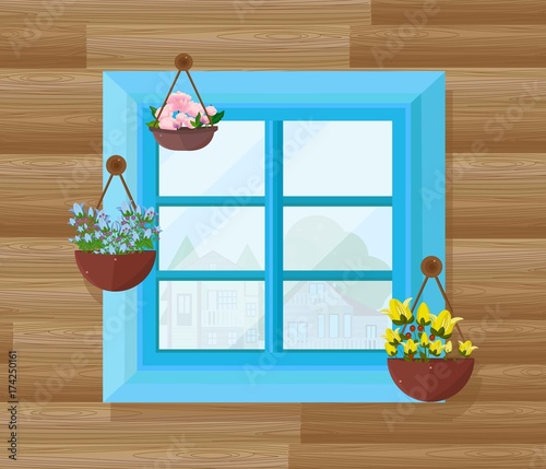 Blue window of a wood house front view Vector