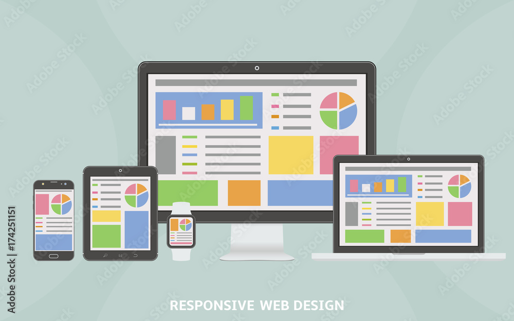 Responsive web design flat vector, web design technology, including laptop, desktop, tablet, mobile phone and smart watch Responsive web design flat vector, web design technology, including laptop, desktop, tablet, mobile phone and smart watch