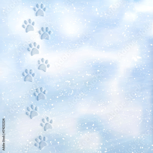 Animal foot prints to a snowy. Tracks in the snow. Dog footprints in the snow. Texture of snow surface. Vector background.