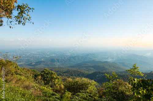 Landscape of blossoming garden and mountain