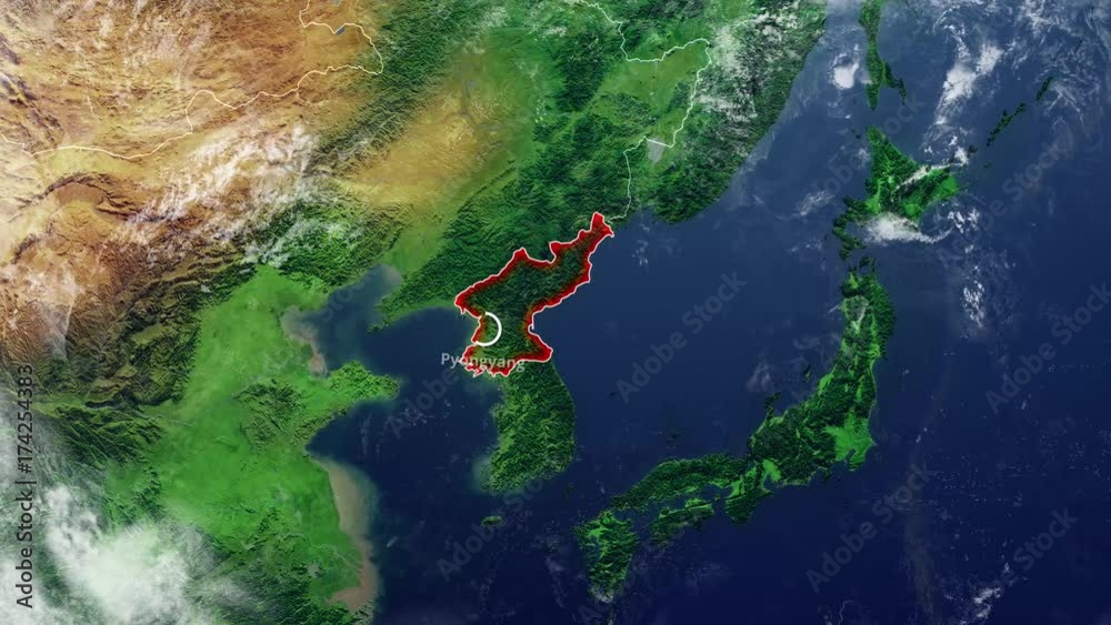 Cartina Corea del Nord e confine, cartina fisica Asia, est-asiatico, cartina con rilievi e montagne e Oceano Pacifico
