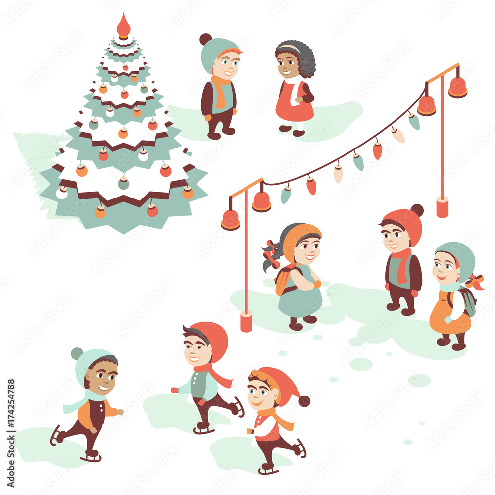 Naklejka premium Girls and Boys at Christmas and New Year Holidays.