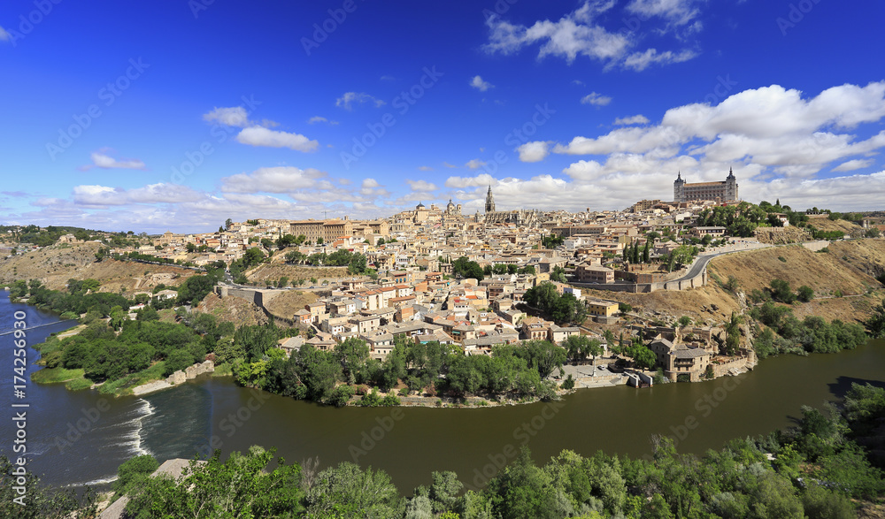 Toledo old town city skyline and Tagus River in Spain