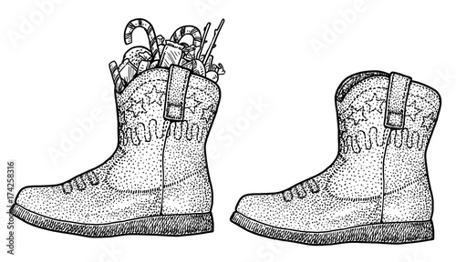 Christmas boot with candies illustration, drawing, engraving, ink, line art, vector