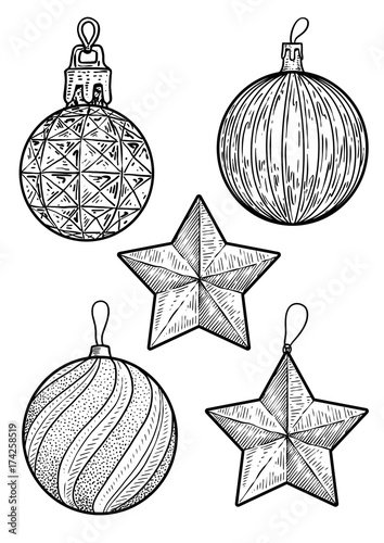 Christmas balls illustration, drawing, engraving, ink, line art, vector