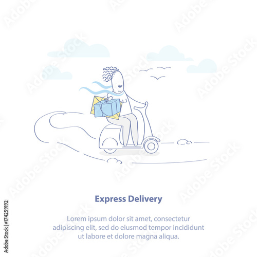 Fast Delivery Service. The cute guy on the bike in a hurry to deliver the order - parcels and letters. Isolated Vector Cartoon Illustration in flat outline style.
