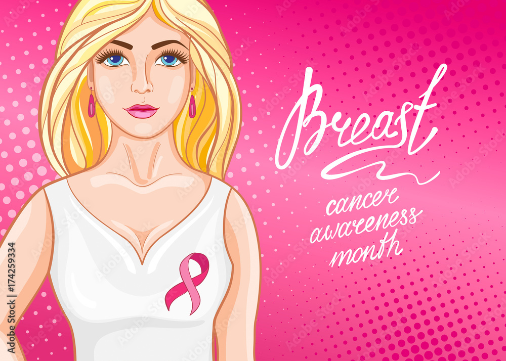 Beautiful girl with pink ribbon. October - Breast Cancer Awareness Month. Health care and medicine concept. Beautiful girl with pink ribbon. October - Breast Cancer Awareness Month. Health care and medicine concept.