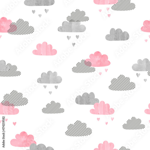 Seamless watercolor clouds pattern. Rain of hearts. Vector background.