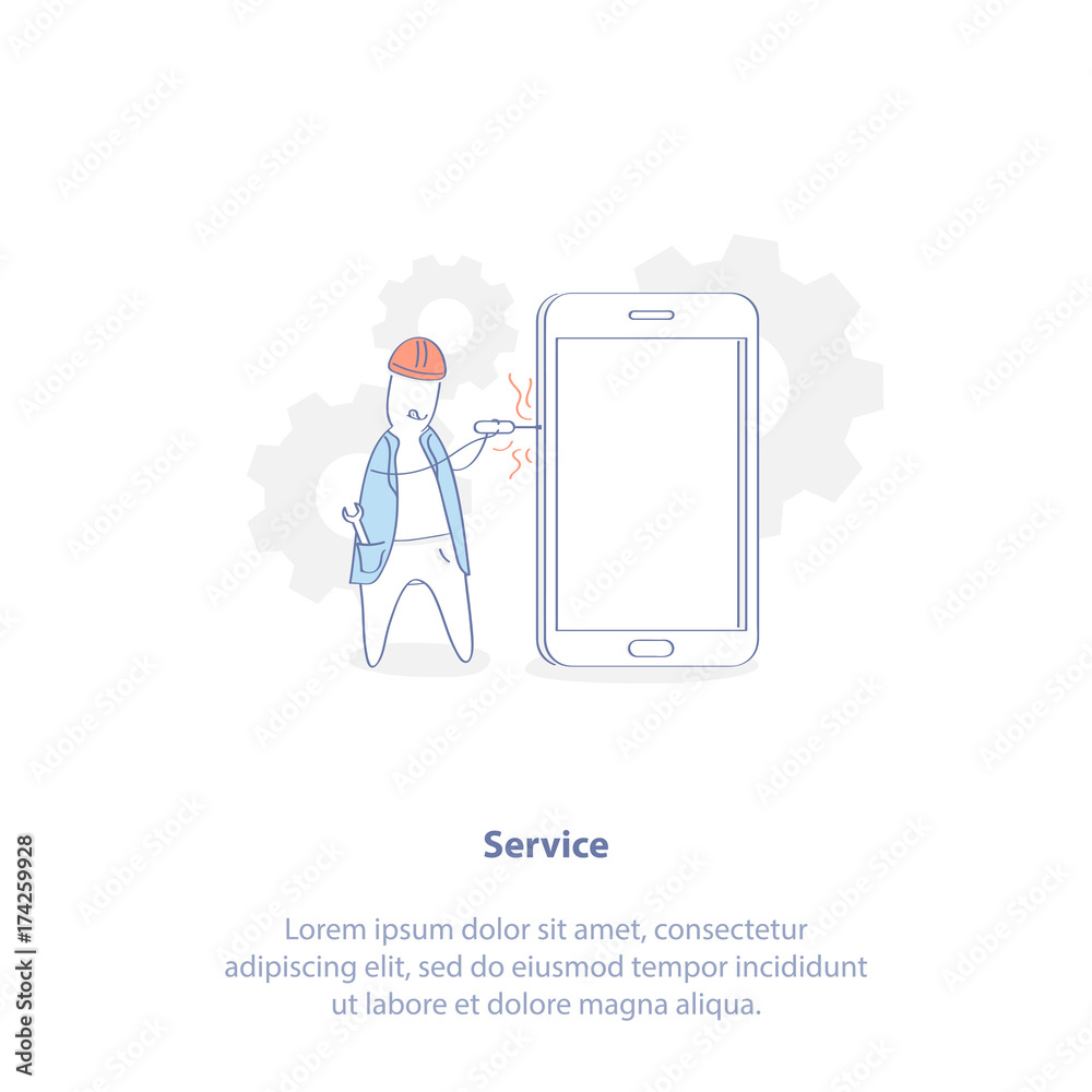 Mobile Service, Support, Mobile phone Repair. Repairman fixing a phone.  Cute cartoon concept. Isolated Vector Illustration in outline line style.  Stock Vector | Adobe Stock