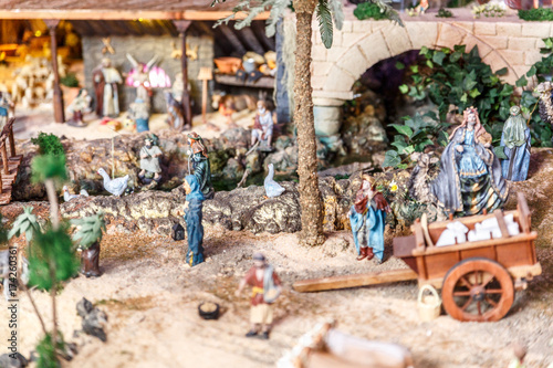 Characters, details and animals of a manger, at Christmas time