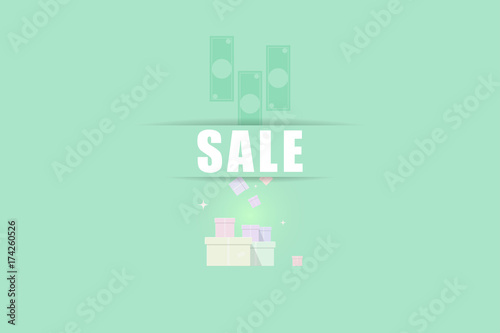 Sale banner with dollars and gifts