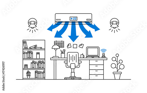 Working place air conditioner vector illustration. Open space office room with air conditioner line art concept.
