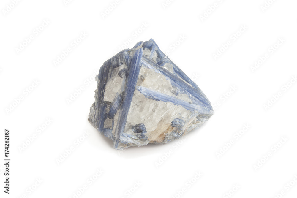 blue mineral of kyanite and quartz in white background