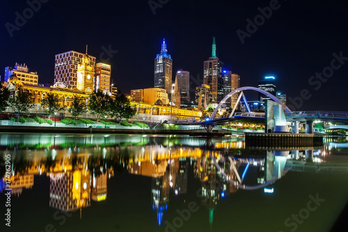 A beautiful view of Melbourne downtown across the Yarra river at night in Melbourne, Victoria, Australia. © MrForever