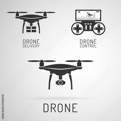 Drone icon. Aerial drone with a camera photographing or video. Drone delivering cargo. Control panel for drones.