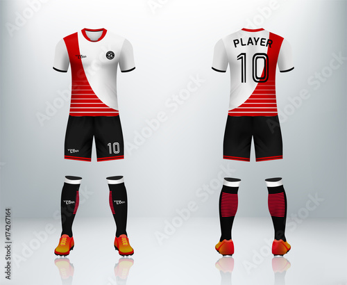 3D front and back of mock up soccer jersey kit on brackdrop. Concept of football uniform for shop display in vector illustration