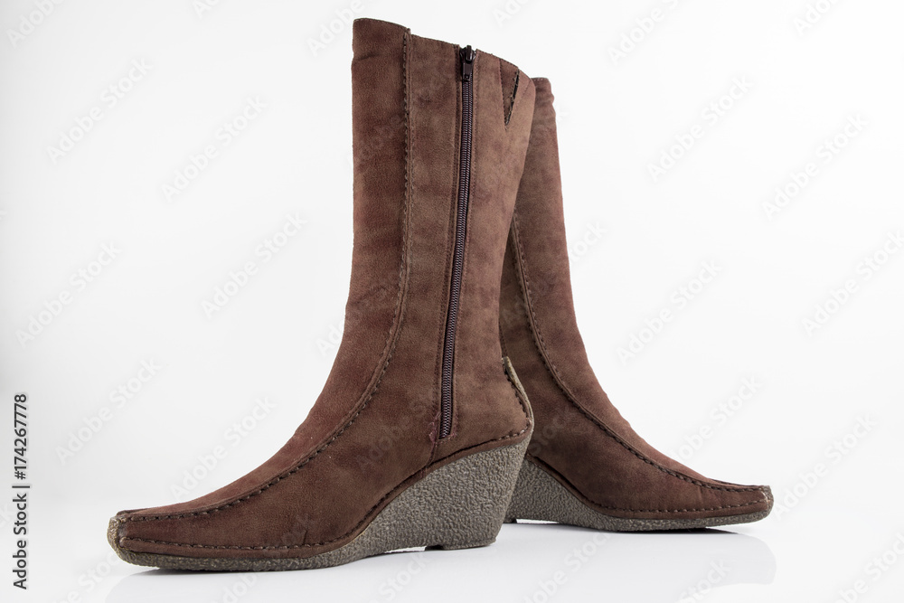 Female Brown Boot on White Background, Isolated Product.