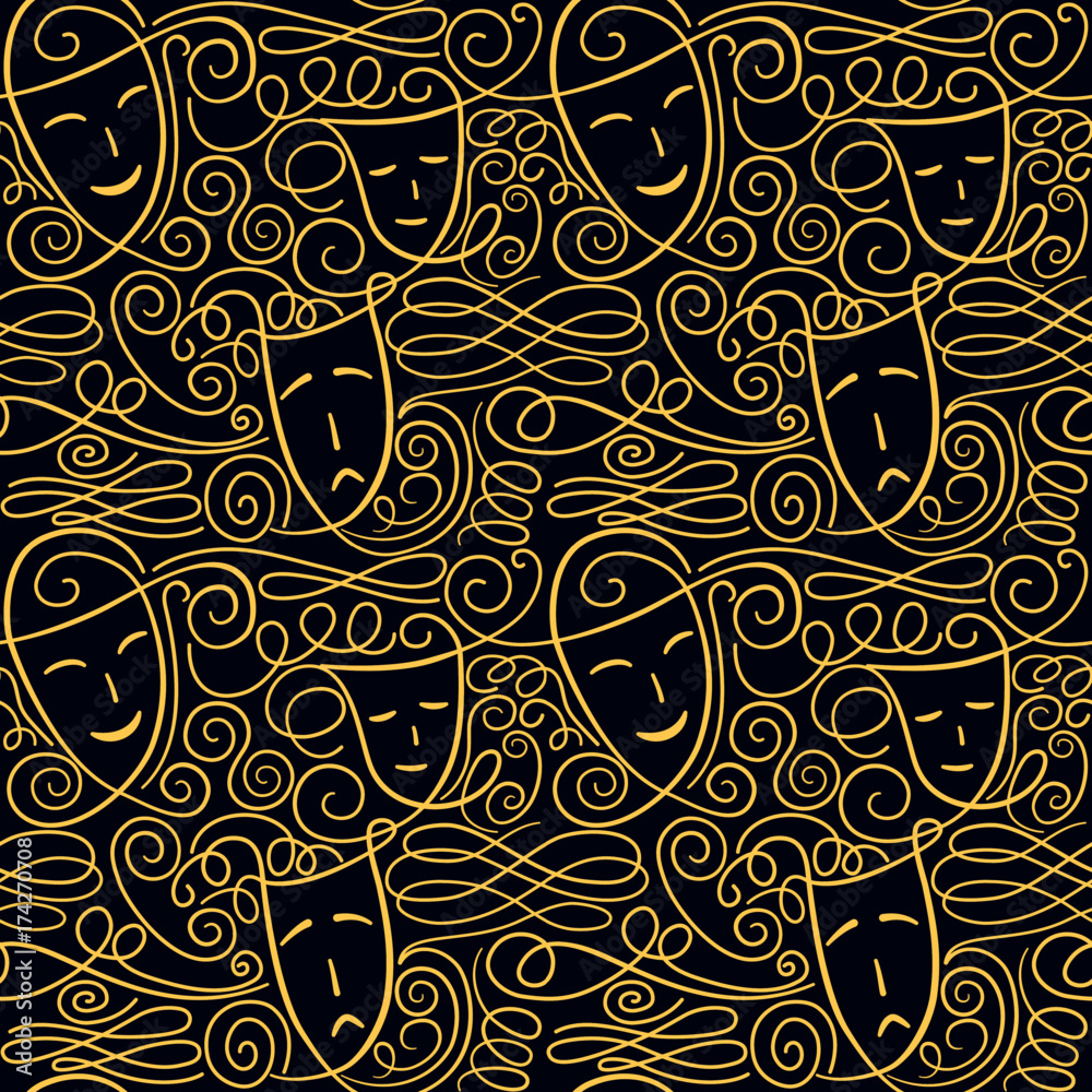 Vector seamless pattern with theatre comedy and tragedy masks and hand drawn curls and swashes