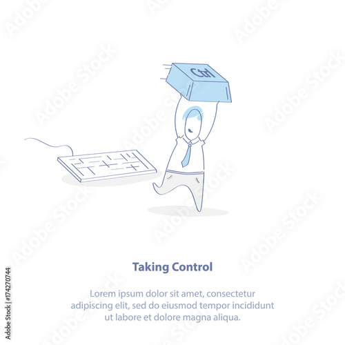 Run to success. Flat line icon concept of Project Management, Controlling Company Resources, Risks. Leadership, Business Control, Keep Control over the situation. Cute cartoon concept.