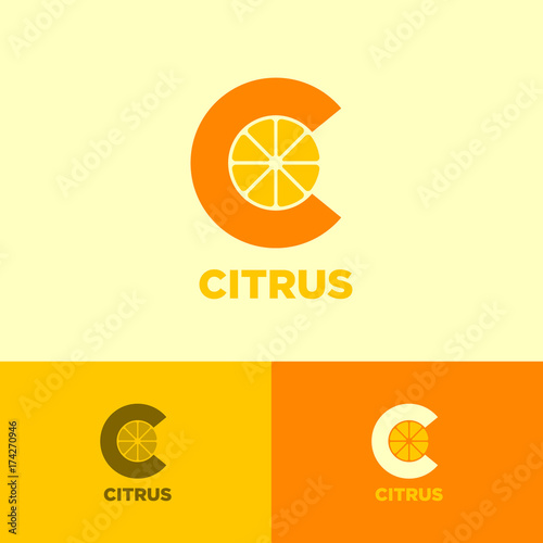 Citrus Logo. Vitamin C icon. From monogram. Letter C with slices of citrus on a light background. Identity. Logo in different colors.