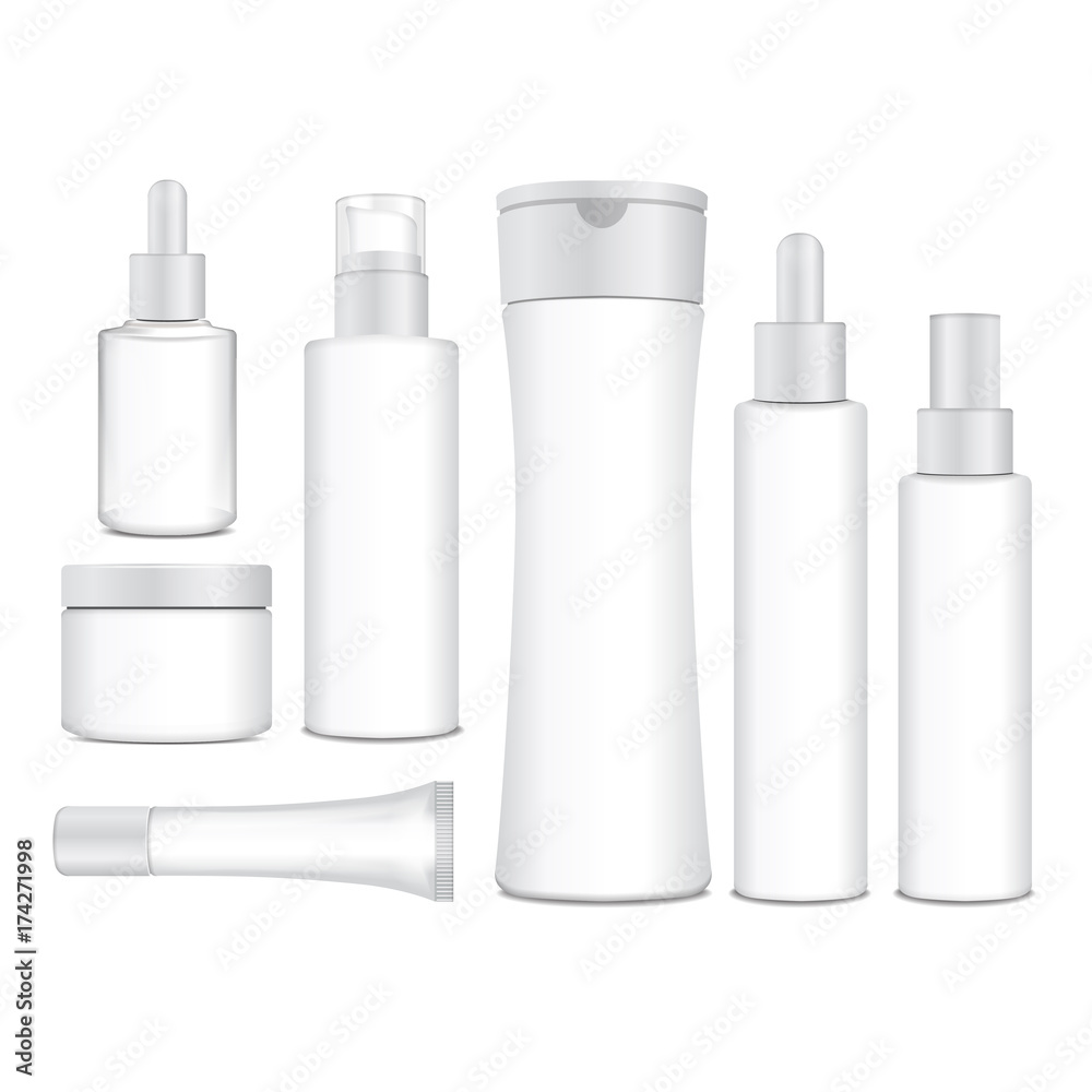 Realistic cosmetic white vector bottles. Vector containers, tubes, sashet for cream, balsam, lotion, gel, shampoo, foundation cream. 3d Illustration Realistic cosmetic white vector bottles. Vector containers, tubes, sashet for cream, balsam, lotion, gel, shampoo, foundation cream. 3d Illustration