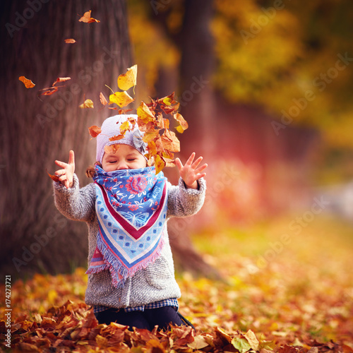 adorable happy baby girl throwing the fallen leaves up  playing in the autumn park