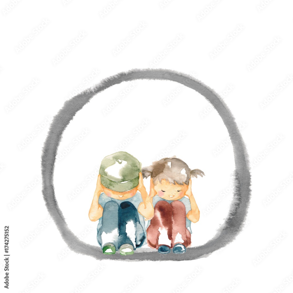 耳をふさぐ子ども ふたり 黒丸 Stock イラスト Adobe Stock