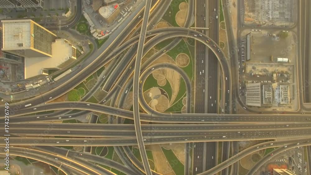 Aerial. Sheikh Zayed Road Intersection. Dubai. The camera moves up. Top-down view. 4K. Aerial. Sheikh Zayed Road Intersection. Dubai. The camera moves up. Top-down view. 4K.