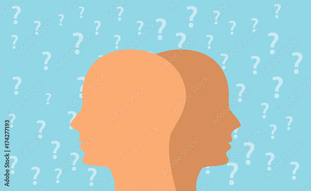 a curiosity concept illustration with head and question mark with blue background