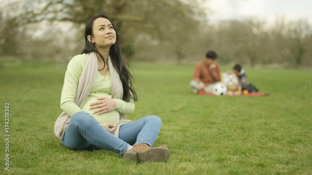 Portrait pregnant lady relaxing in the park with father & son in background Portrait pregnant lady relaxing in the park with father & son in background
