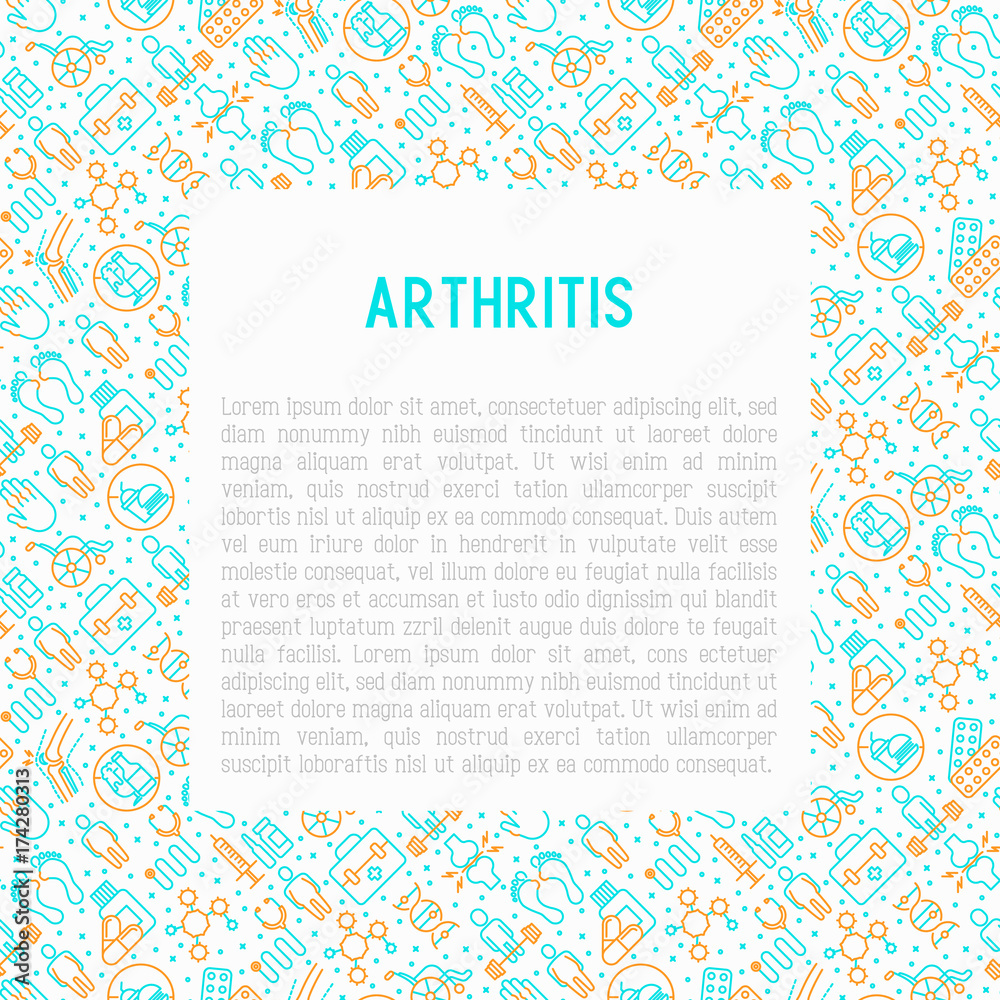 Arthritis concept with thin line icons of symptoms and treatments: pain in joints, obesity, fast food, alcohol, medicine, wheelchair. Vector illustration for banner, web page, print media. Arthritis concept with thin line icons of symptoms and treatments: pain in joints, obesity, fast food, alcohol, medicine, wheelchair. Vector illustration for banner, web page, print media.