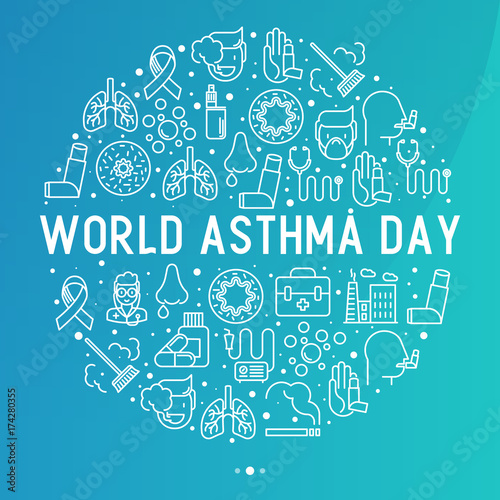 World asthma day concept in circle with thin line icons: air pollution, smoking, respirator, therapist, inhaler, bronchi, allergy symptoms and allergens. Vector illustration for banner, web page.
